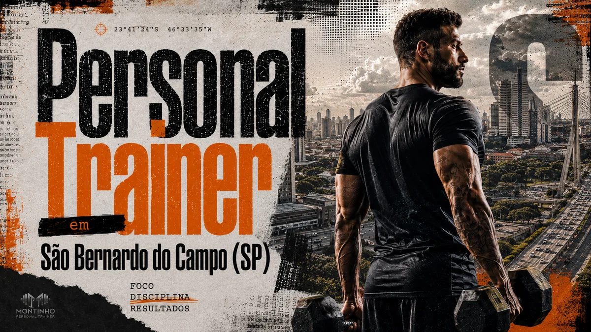 Personal trainer em São Bernardo do Campo (SP) em arte que une treino de força e a paisagem urbana real do ABC — vias expressas movimentadas, ponte estaiada e o horizonte de prédios da região — Personal por Perto