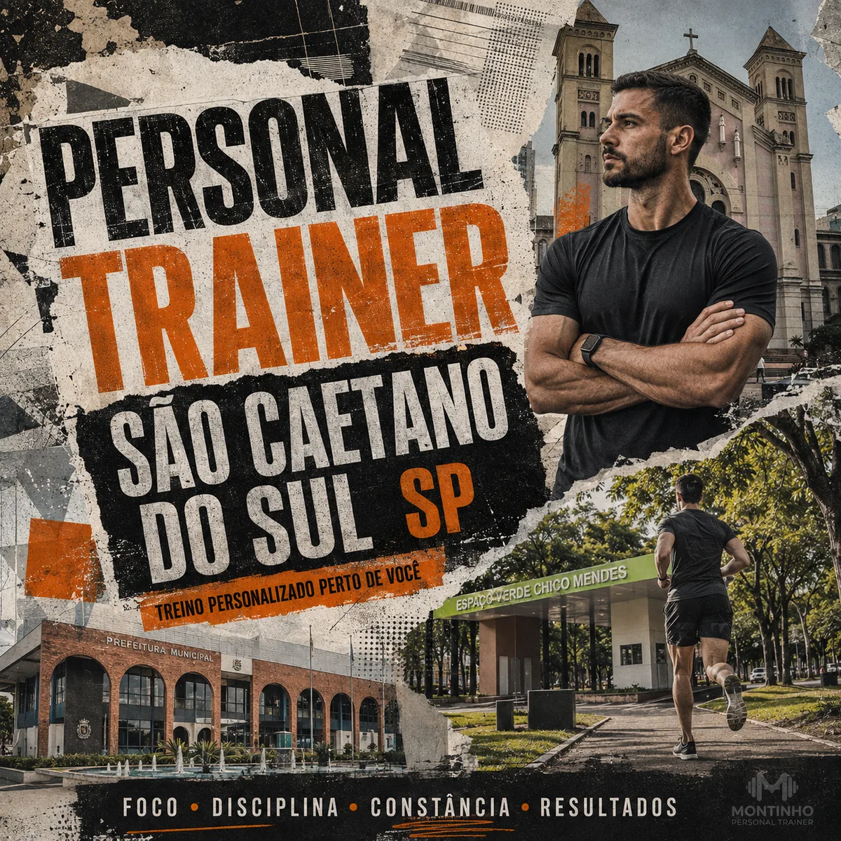 Personal trainer em São Caetano do Sul (SP) em arte com a igreja matriz, o casarão histórico e o Parque Chico Mendes, com o treino em primeiro plano — Personal por Perto