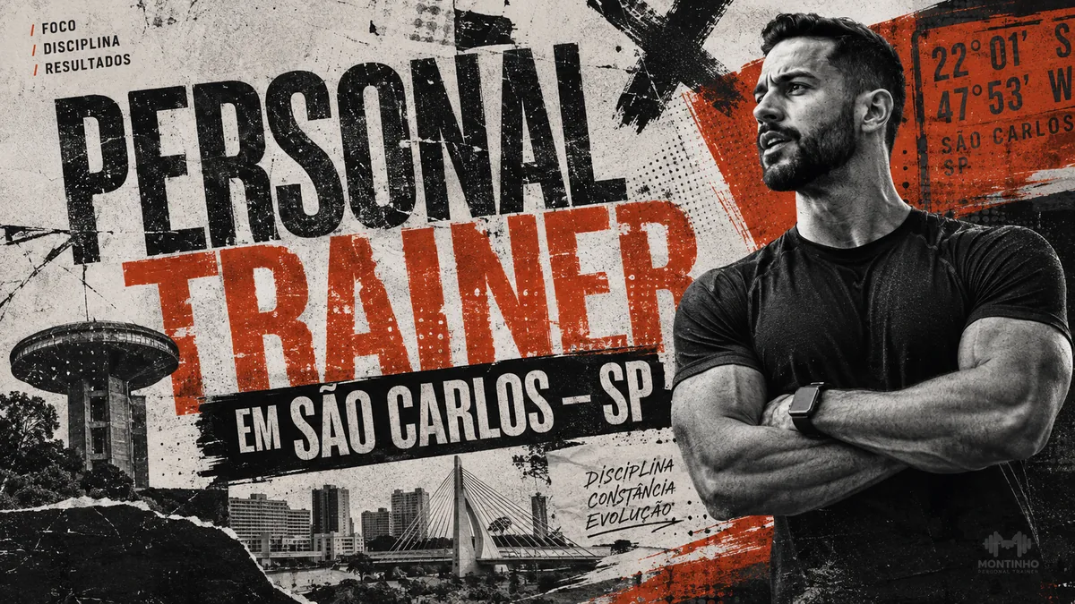 Personal trainer em São Carlos (SP) em arte com a torre-mirante da cidade, o skyline ao fundo e o treino em primeiro plano — Personal por Perto