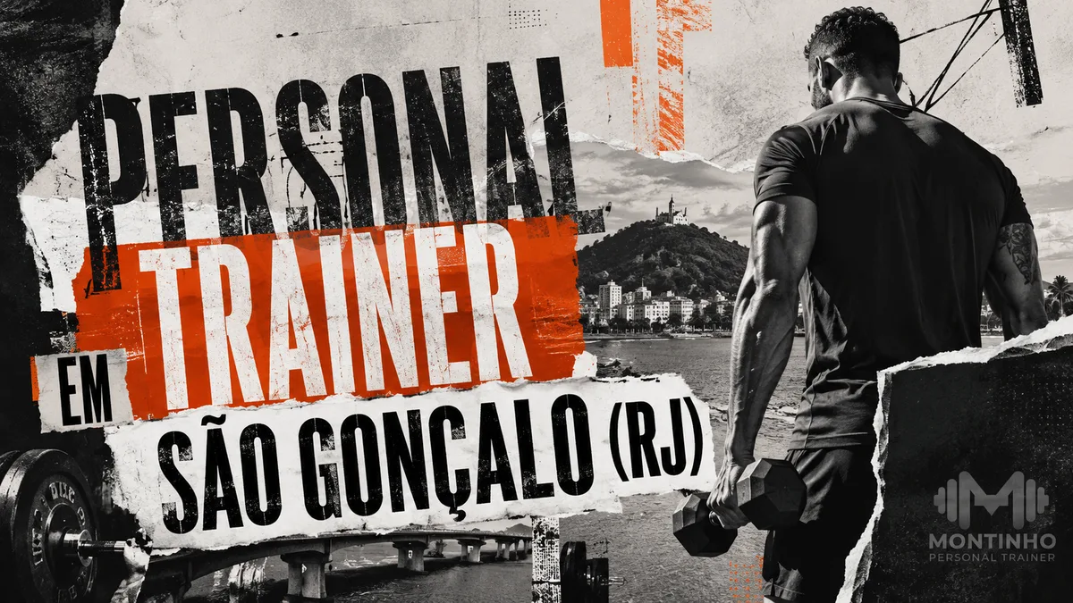 Personal trainer em São Gonçalo (RJ) em arte que une treino de força e a paisagem da cidade — a colina com igreja no alto junto à orla da baía, o casario e a ponte ao fundo — Personal por Perto