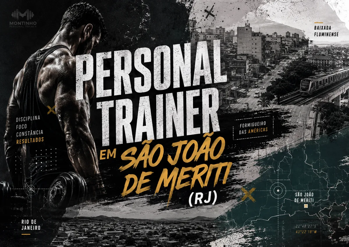 Personal trainer em São João de Meriti (RJ) em arte com a paisagem real da cidade — o casario denso do "Formigueiro das Américas", o trem da Baixada Fluminense e o mapa do município — Personal por Perto