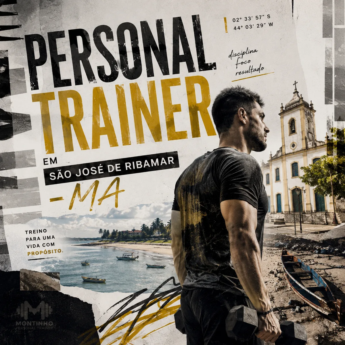 Personal trainer em São José de Ribamar (MA) em arte quadrada com a igreja histórica da cidade, os barcos na praia e o treino em primeiro plano — Personal por Perto