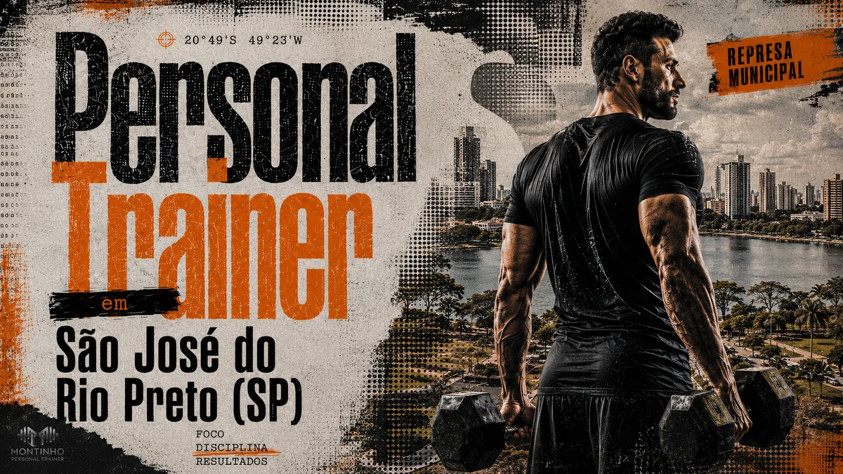 Personal trainer em São José do Rio Preto (SP) em arte que une treino de força e um cartão-postal real da cidade — a represa municipal com sua área verde e o skyline de prédios refletido na água — Personal por Perto