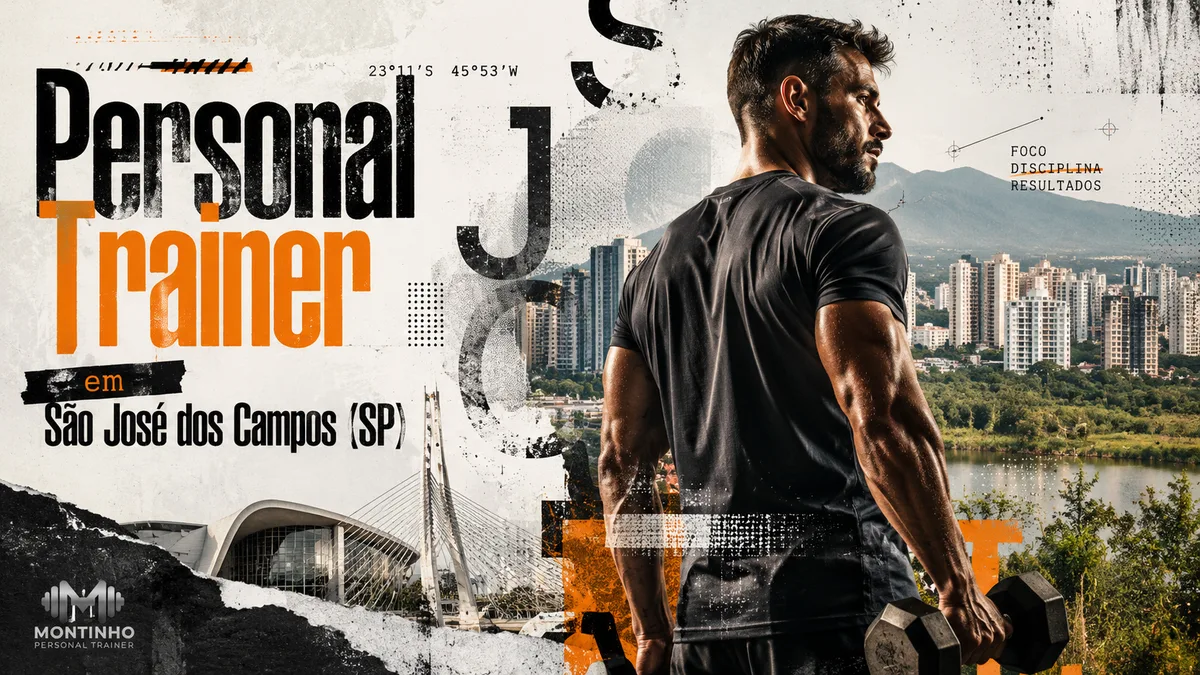 Personal trainer em São José dos Campos (SP) em arte que une treino de força e cartões-postais reais da cidade — o Arco da Inovação, o centro de eventos de arquitetura branca curva e a serra da Mantiqueira ao fundo — Personal por Perto