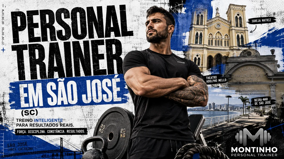 Personal trainer em São José (SC) em arte que reúne a Igreja Matriz, o Theatro Adolpho Mello, a Beira-Mar de São José e o treino de força — Personal por Perto