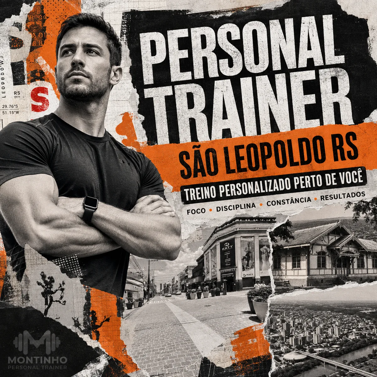 Personal trainer em São Leopoldo (RS) em arte com o casario histórico e o skyline da cidade, com o treino em primeiro plano — Personal por Perto