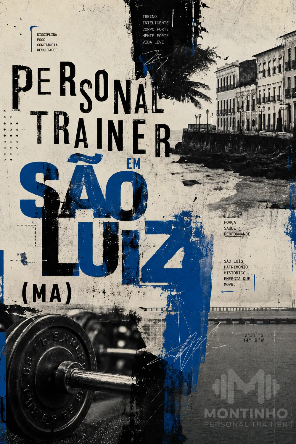 Personal trainer em São Luís (MA) em arte vertical que une treino de força e o Centro Histórico da capital maranhense, com seus casarões e a orla à beira-mar ao fundo — Personal por Perto