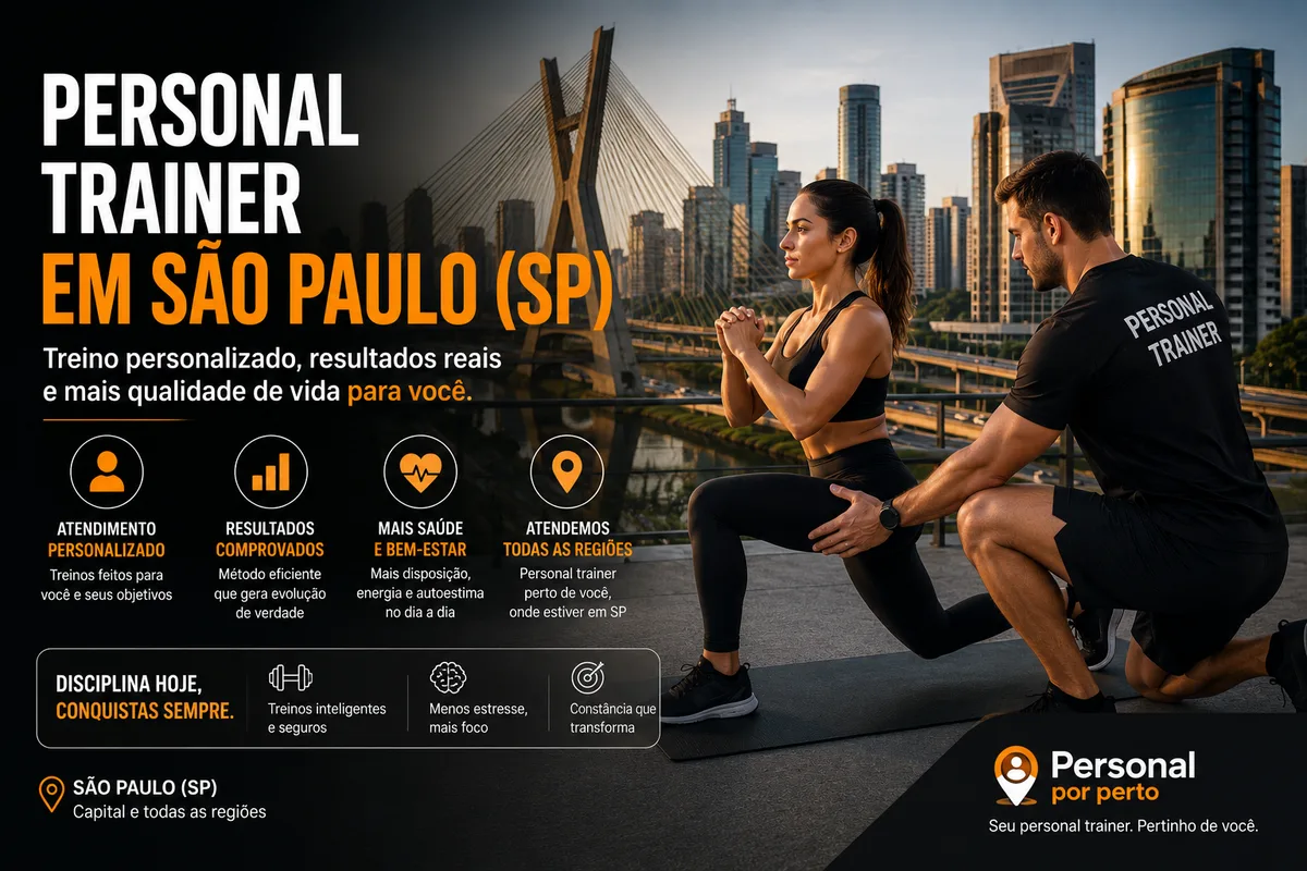 Personal trainer em São Paulo (SP) orientando aluna em treino de força ao ar livre, com a Ponte Estaiada Octávio Frias de Oliveira e os arranha-céus da capital paulista ao fundo — Personal por Perto