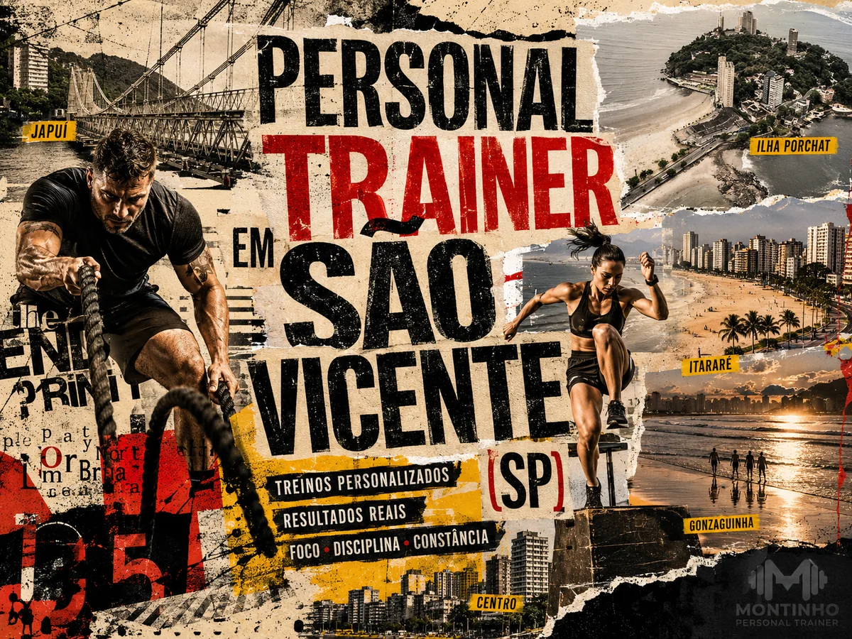 Personal trainer em São Vicente (SP) em arte que reúne treino funcional com corda naval, a Ponte Pênsil no Japuí, a Ilha Porchat e as praias do Itararé e do Gonzaguinha — Personal por Perto