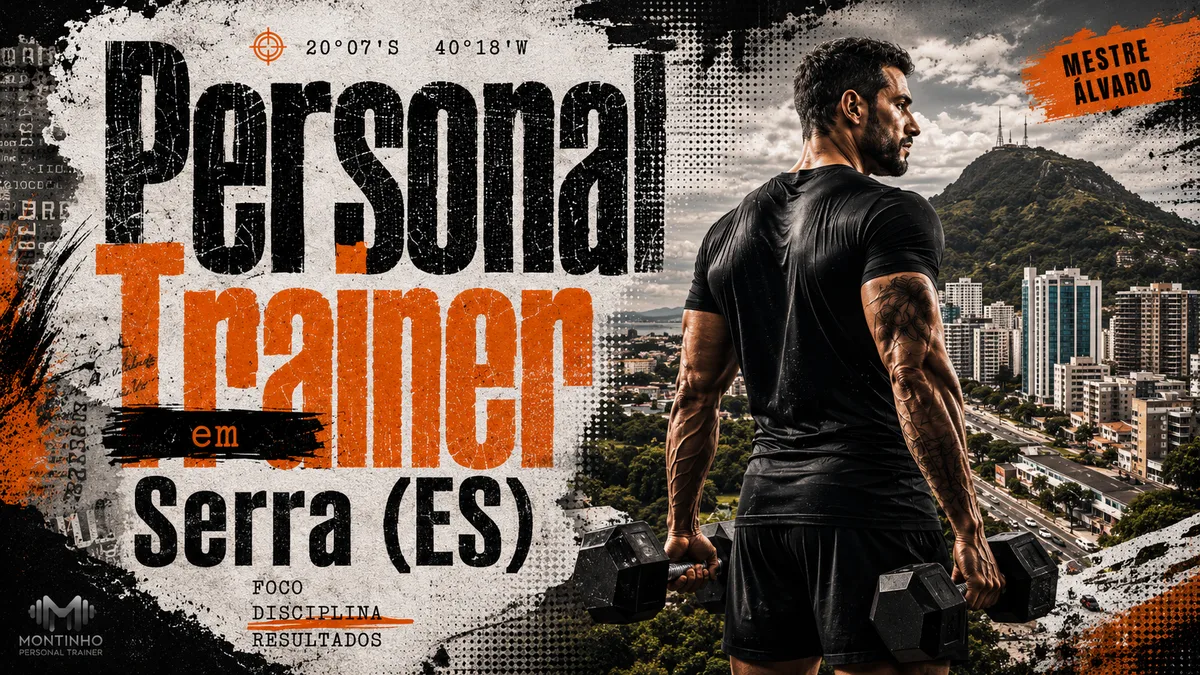 Personal trainer em Serra (ES) em arte que une treino de força e o cartão-postal real do município — o monte Mestre Álvaro dominando o horizonte, com os bairros e o litoral aos seus pés — Personal por Perto