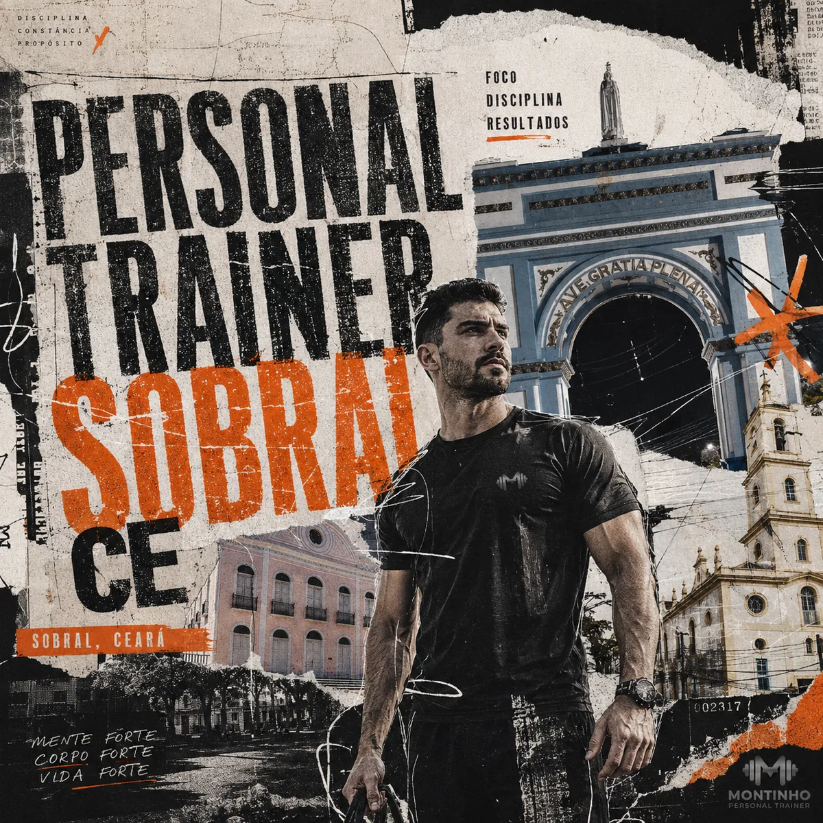 Personal trainer em Sobral (CE) em arte com o Arco Nossa Senhora de Fátima, a torre da catedral e o casario do centro histórico, com o treino em primeiro plano — Personal por Perto