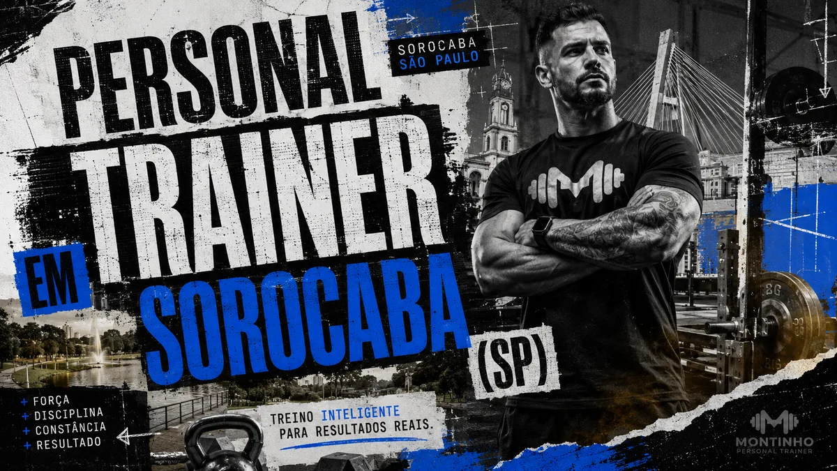 Personal trainer em Sorocaba (SP) em arte que une treino de força e a cidade ao fundo, com um parque arborizado à beira de um lago — Personal por Perto