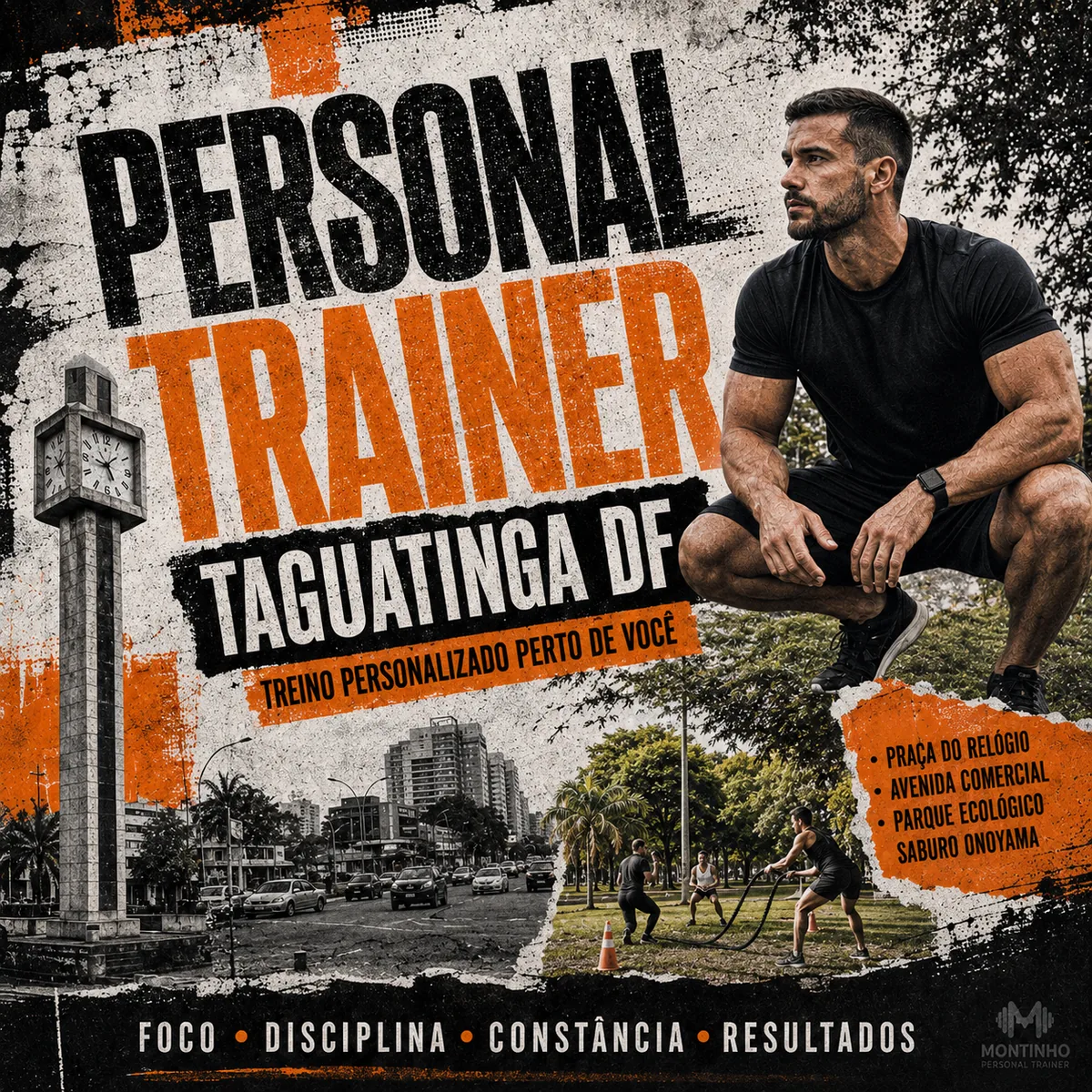 Personal trainer em Taguatinga (DF) em arte com a Praça do Relógio, a Avenida Comercial e o Parque Ecológico Saburo Onoyama, com o treino em primeiro plano — Personal por Perto