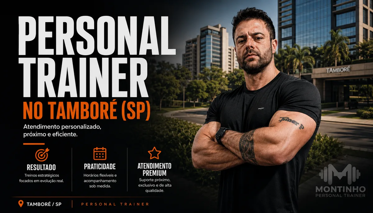 Montinho Personal, personal trainer, de braços cruzados no Tamboré (SP), com os edifícios e as áreas verdes da região ao fundo — Personal por Perto