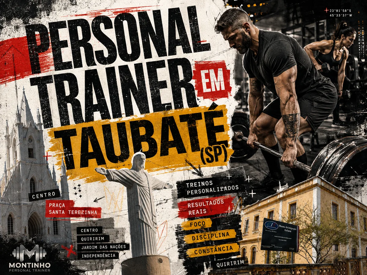 Personal trainer em Taubaté (SP) em arte que reúne levantamento terra, o Cristo Redentor da Praça Santa Terezinha, a igreja do Centro e o Museu da Imigração Italiana de Quiririm — Personal por Perto