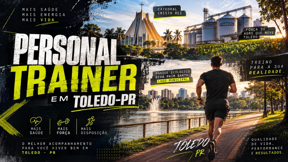 Personal trainer em Toledo (PR) em arte com a Catedral Cristo Rei, o Parque Ecológico Diva Paim Barth e os silos do agronegócio, com o treino em primeiro plano — Personal por Perto