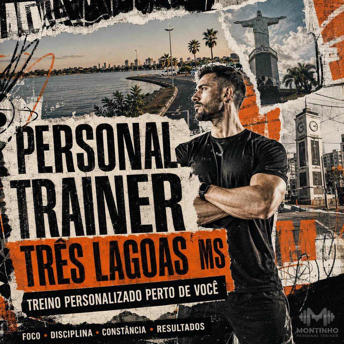 Personal trainer em Três Lagoas (MS) em arte com a orla da lagoa, os coqueiros e o mirante da cidade, com o treino em primeiro plano — Personal por Perto