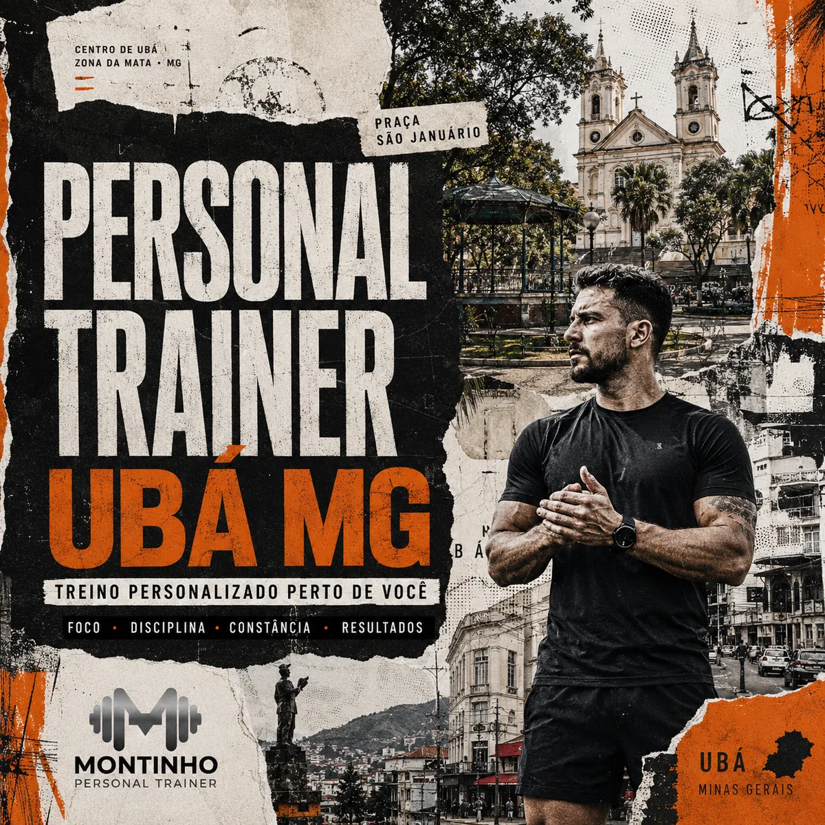 Personal trainer em Ubá (MG) em arte com a Praça São Januário, a igreja matriz e o centro da cidade, com o treino em primeiro plano — Personal por Perto