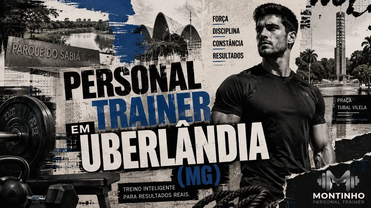 Personal trainer em Uberlândia (MG) em arte que une treino de força e cartões-postais reais da cidade — o Parque do Sabiá e a Praça Tubal Vilela ao fundo — Personal por Perto