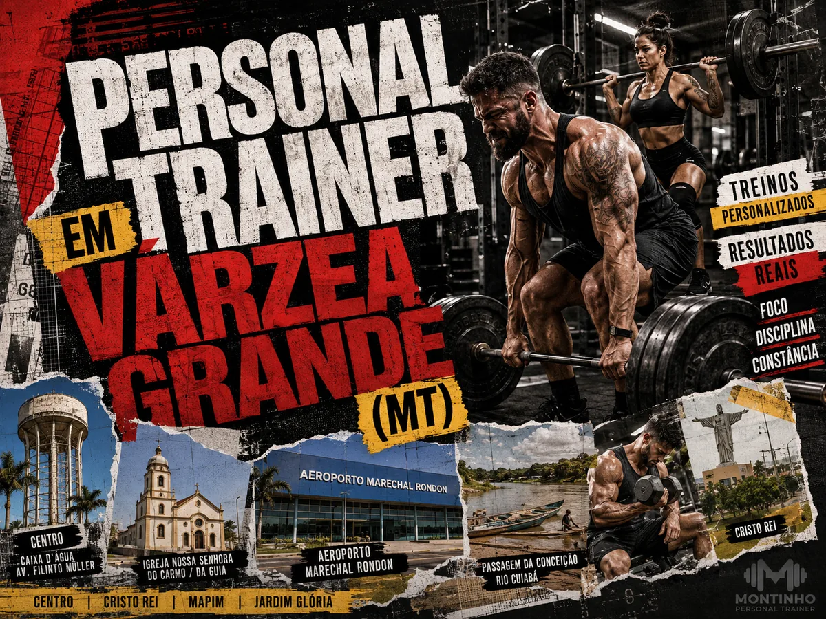 Personal trainer em Várzea Grande (MT) em arte que reúne treino de força, a caixa d’água da Avenida Filinto Müller, a igreja matriz do Centro, o Aeroporto Marechal Rondon e a Passagem da Conceição, no rio Cuiabá — Personal por Perto