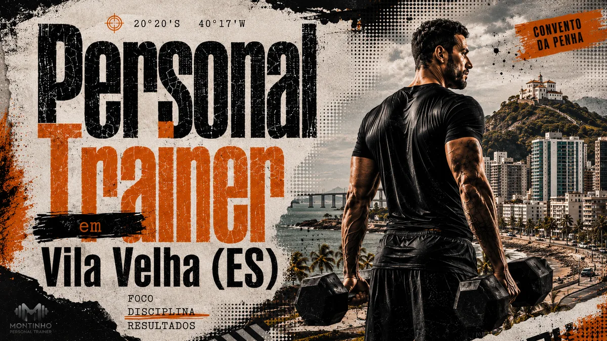 Personal trainer em Vila Velha (ES) em arte que une treino de força e cartões-postais reais da cidade — o Convento da Penha no alto do morro, a Terceira Ponte e a orla de prédios com coqueiros — Personal por Perto