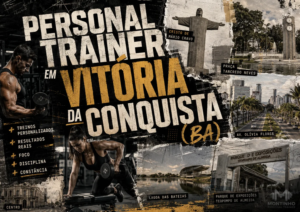 Arte de capa de personal trainer em Vitória da Conquista: atletas treinando com halteres em colagem com o Cristo de Mário Cravo, a Praça Tancredo Neves, a avenida Olívia Flores, a Lagoa das Bateias e o Parque de Exposições Teopompo de Almeida
