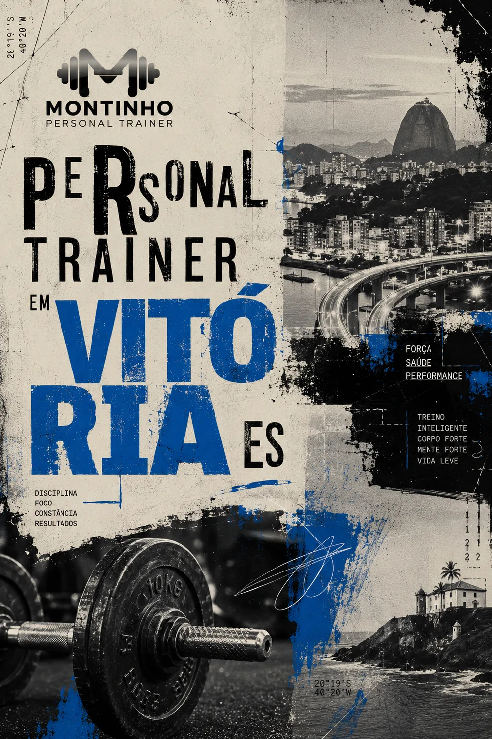 Personal trainer em Vitória (ES) em arte vertical que une treino de força e cartões-postais reais da cidade — a Terceira Ponte sobre a Baía de Vitória e o Convento da Penha ao fundo — Personal por Perto