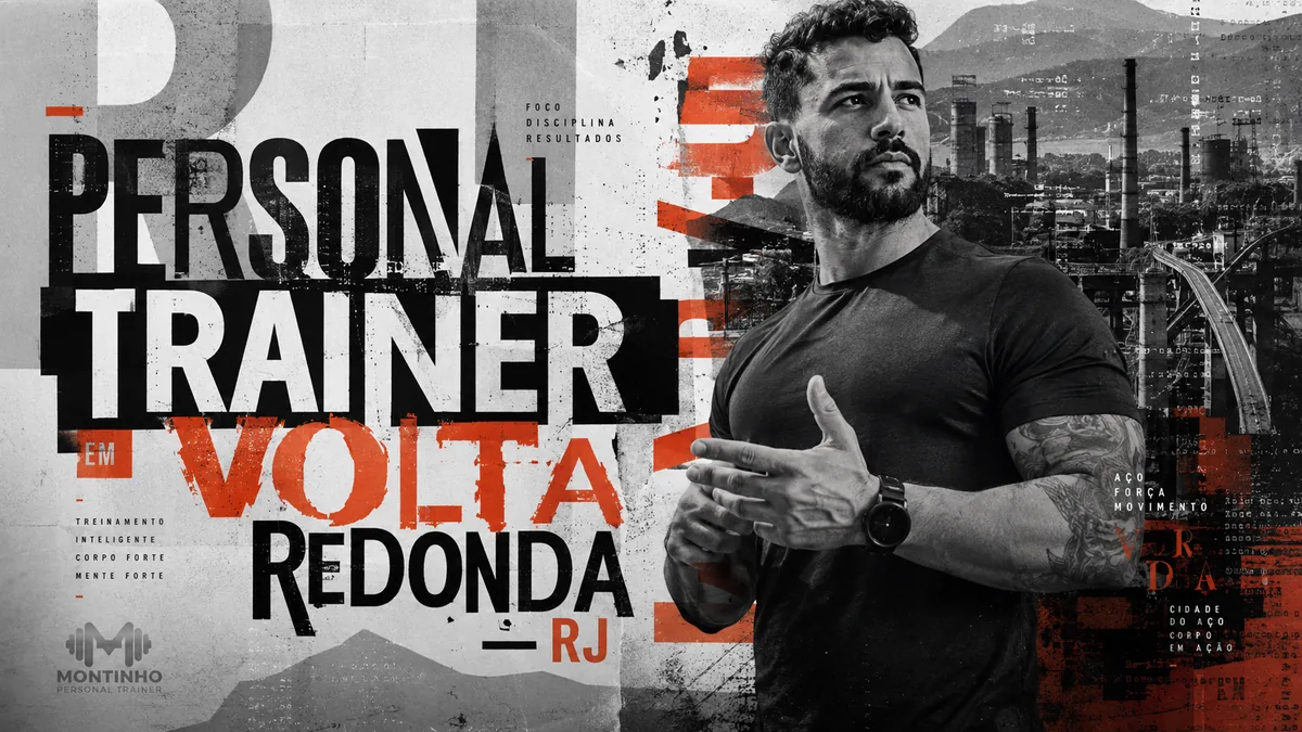 Personal trainer em Volta Redonda (RJ) em arte com a silhueta do parque siderúrgico e das montanhas ao fundo e o treino em primeiro plano — Personal por Perto