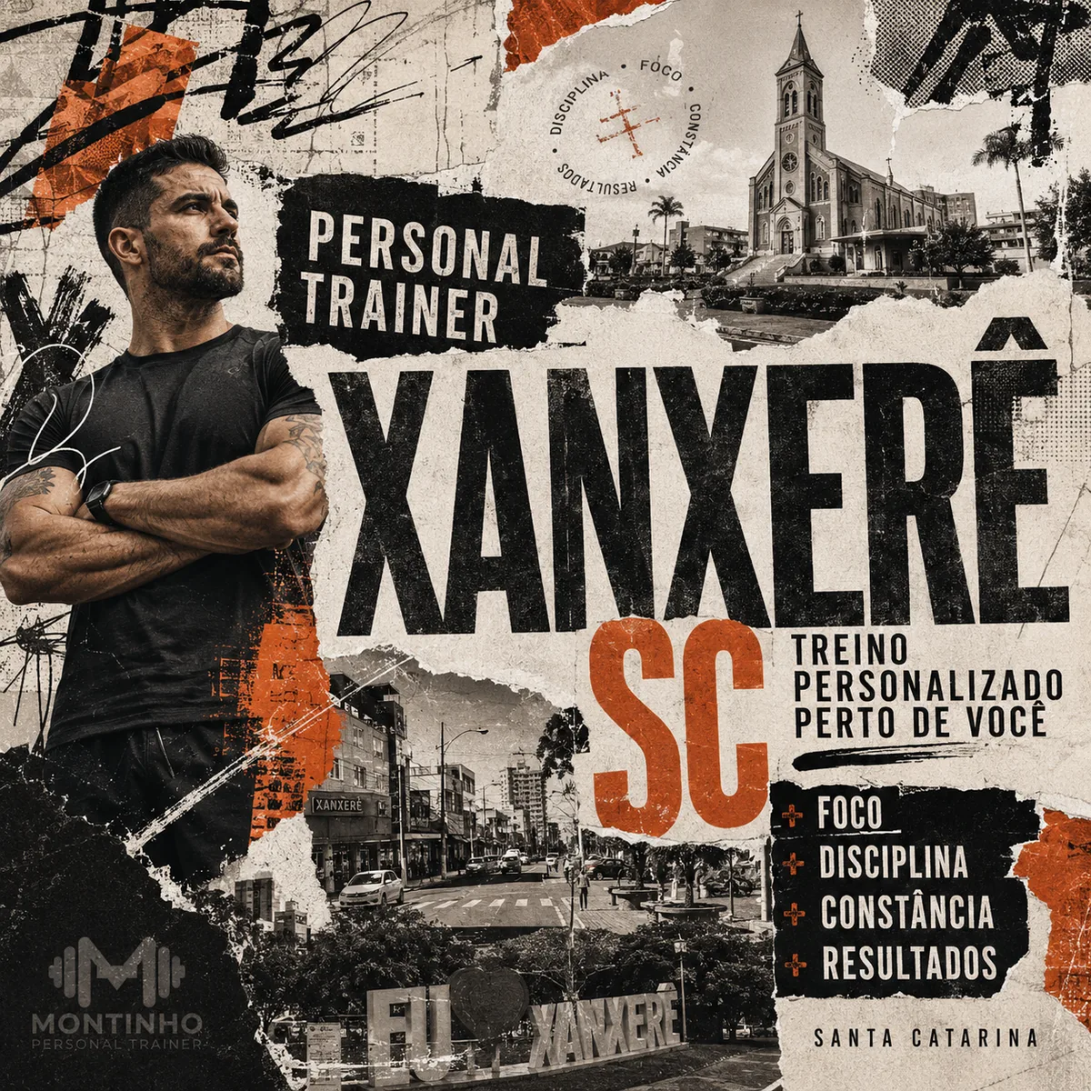 Personal trainer em Xanxerê (SC) em arte com a igreja matriz e a praça central da cidade, com o treino em primeiro plano — Personal por Perto