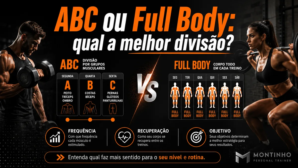 Infográfico comparando as divisões de treino ABC e Full Body, com dias da semana e grupos musculares, ilustrando o guia sobre qual divisão escolher — Personal por Perto
