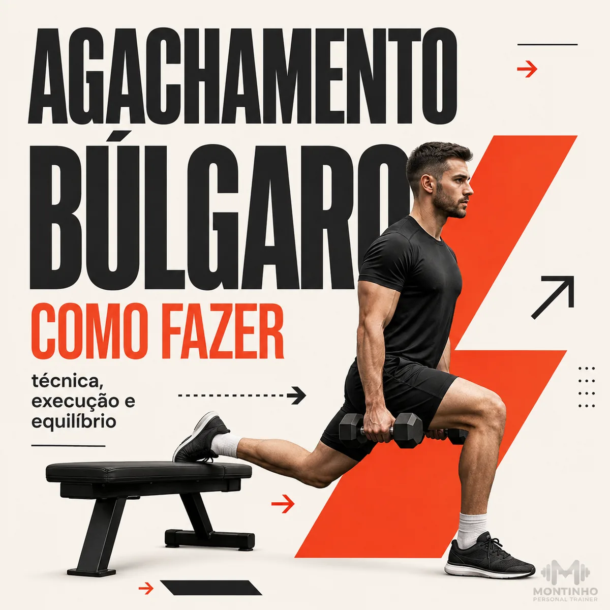 Arte da capa: homem com o pé de trás apoiado no banco executando o agachamento búlgaro com halter — agachamento búlgaro: como fazer, técnica, execução e equilíbrio — Personal por Perto