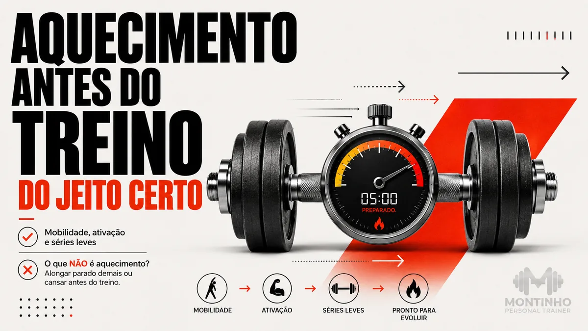 Arte da capa: halter com cronômetro de cinco minutos — aquecimento antes do treino do jeito certo, com mobilidade, ativação e séries leves — Personal por Perto