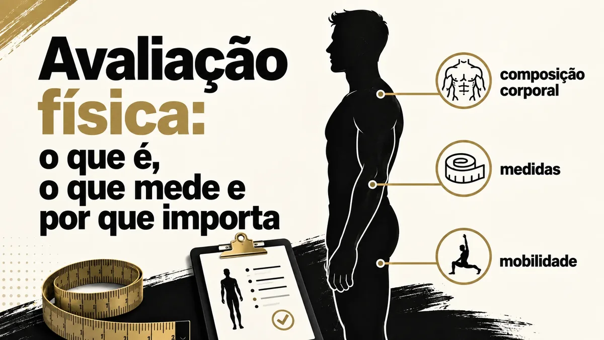 Arte da capa: silhueta em perfil ao lado de uma prancheta de avaliação, fita métrica e os itens composição corporal, medidas e mobilidade — avaliação física: o que é, o que mede e por que importa — Personal por Perto