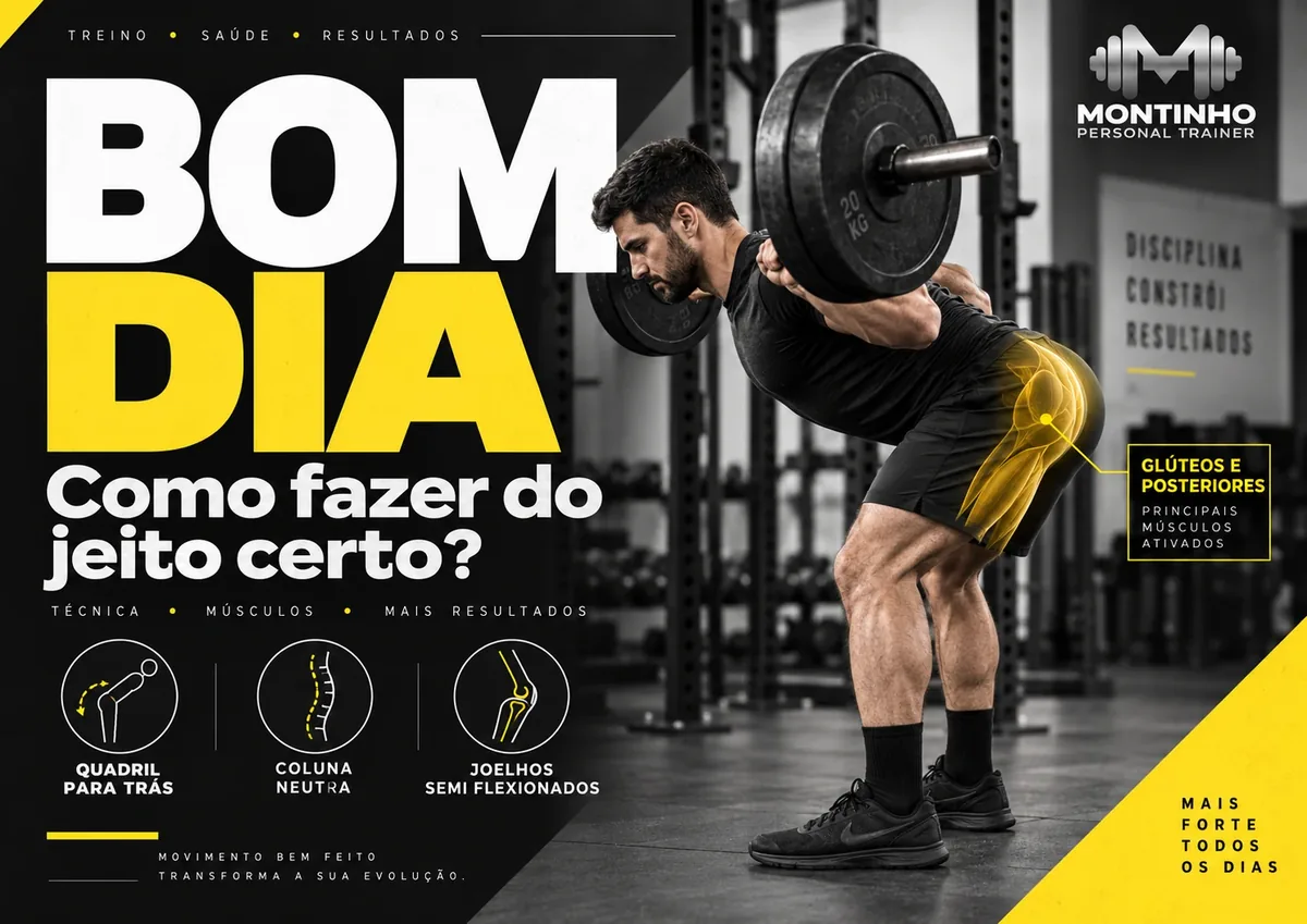 Arte da capa: homem executando o exercício bom dia com barra nas costas, com glúteos e posteriores destacados e os pontos quadril para trás, coluna neutra e joelhos semiflexionados — bom dia: como fazer do jeito certo — Personal por Perto