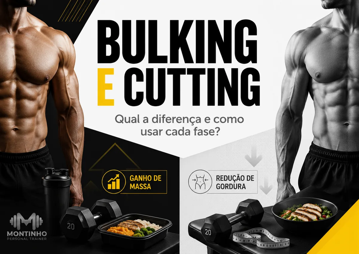 Capa do artigo Bulking e cutting: dois físicos masculinos lado a lado com marmitas de frango e legumes, halteres e fita métrica, contrastando ganho de massa e redução de gordura — Personal por Perto