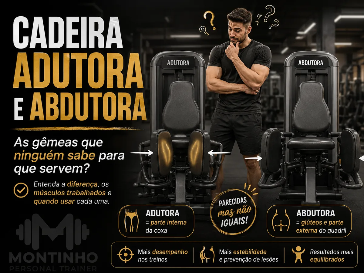 Arte da capa: as cadeiras adutora e abdutora lado a lado — parecidas, mas não iguais: parte interna da coxa e glúteos/parte externa do quadril — Personal por Perto