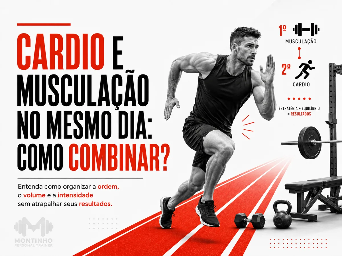 Arte combinando halteres e esteira representando cardio e musculação na mesma sessão, capa do artigo sobre como combinar os dois treinos — Personal por Perto