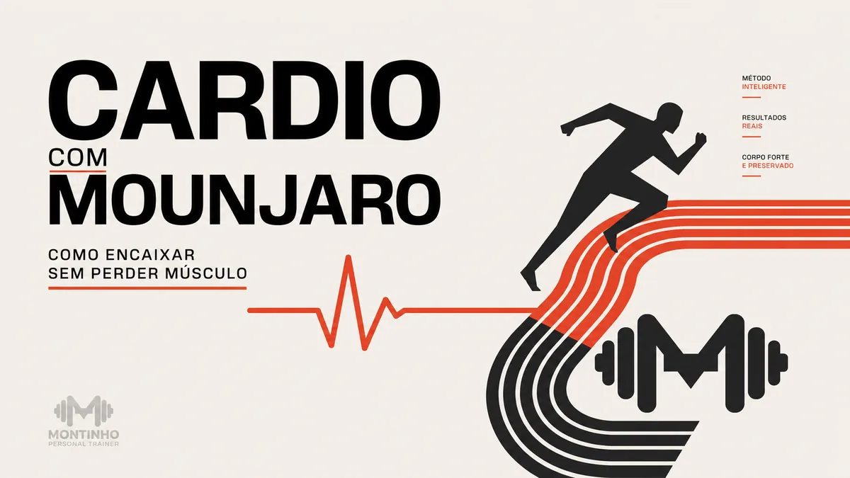 Arte da capa: corredor em pista estilizada com halter — cardio para quem usa Mounjaro sem perder músculo — Personal por Perto