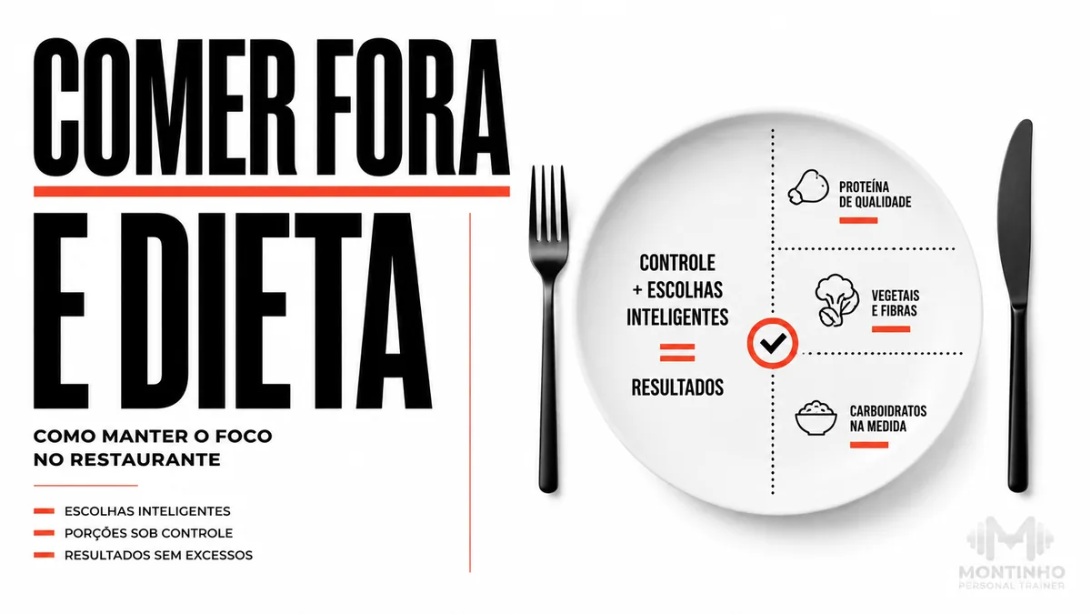 Arte da capa: prato dividido entre proteína de qualidade, vegetais e fibras e carboidratos na medida, entre garfo e faca — comer fora e dieta: como manter o foco no restaurante — Personal por Perto