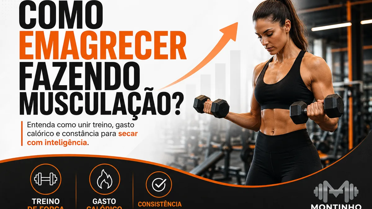Mulher em treino de força com halteres na academia e gráfico de progresso, ilustrando o guia de como emagrecer fazendo musculação — Personal por Perto