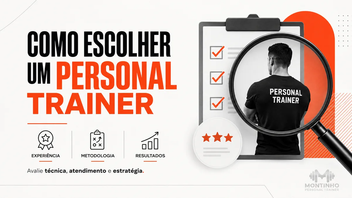 Prancheta com checklist, lupa e um personal trainer, ilustrando o guia de como escolher um personal trainer — Personal por Perto