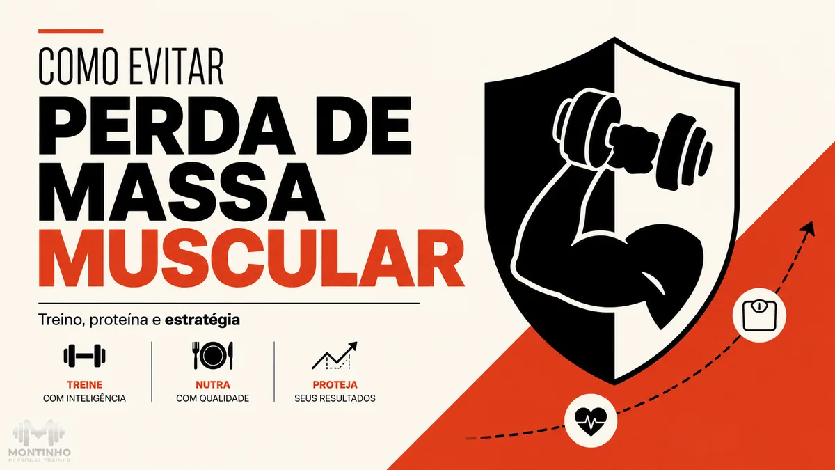 Arte da capa: braço com halter dentro de um escudo — como evitar perda de massa muscular com treino, proteína e estratégia — Personal por Perto