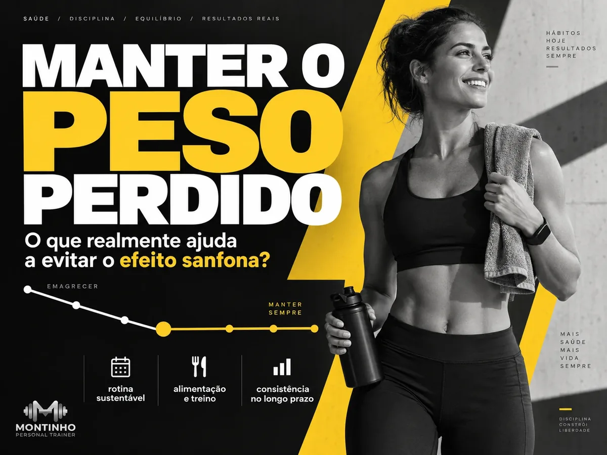 Arte da capa: mulher com toalha e garrafa de água após o treino, ao lado de um gráfico de peso que desce e se mantém e dos pontos rotina sustentável, alimentação e treino e consistência no longo prazo — como manter o peso perdido e evitar o efeito sanfona — Personal por Perto