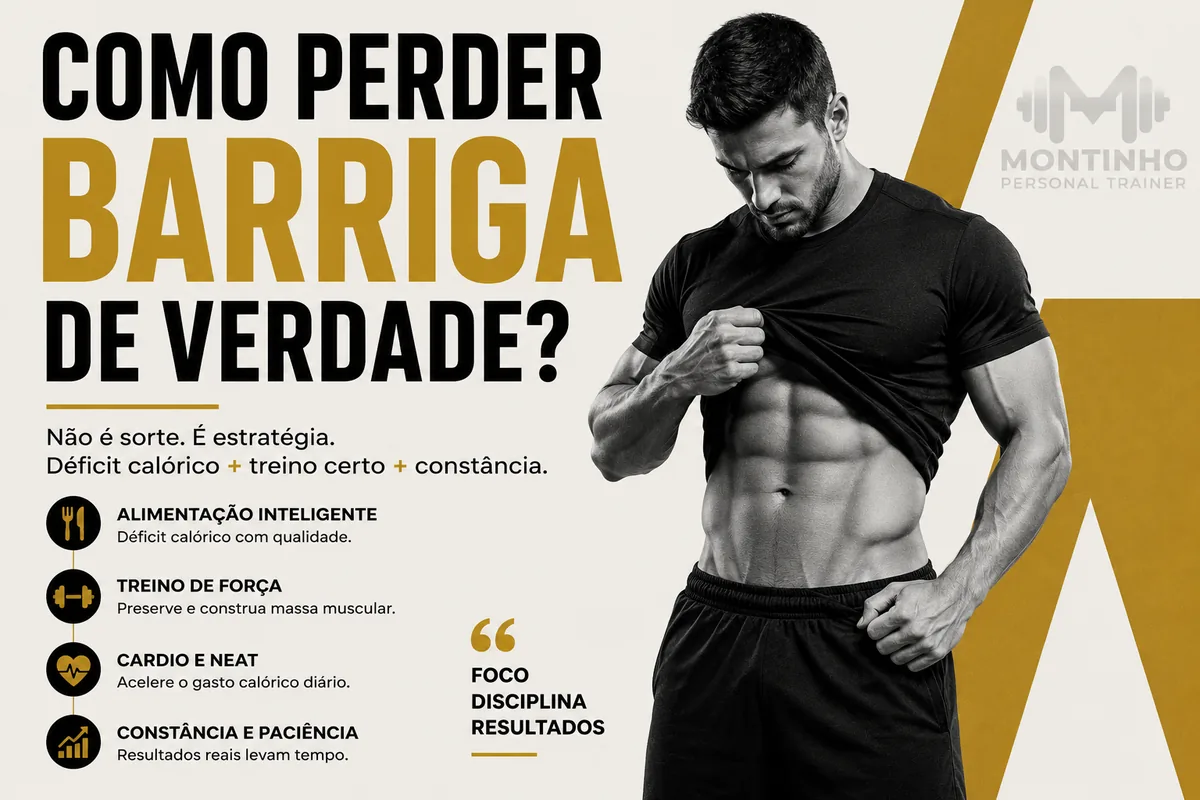 Arte da capa: homem levantando a camiseta e mostrando o abdômen definido, ao lado dos pilares alimentação inteligente, treino de força, cardio e NEAT, constância — como perder barriga de verdade — Personal por Perto