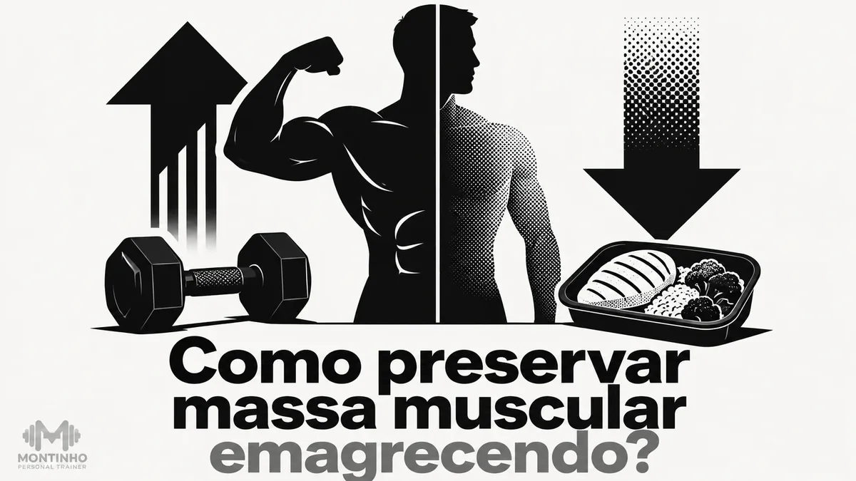 Arte da capa: silhueta dividida entre o físico com massa preservada e o perfil enfraquecido, com halter, marmita de proteína e setas de ganho e perda — como preservar massa muscular emagrecendo — Personal por Perto
