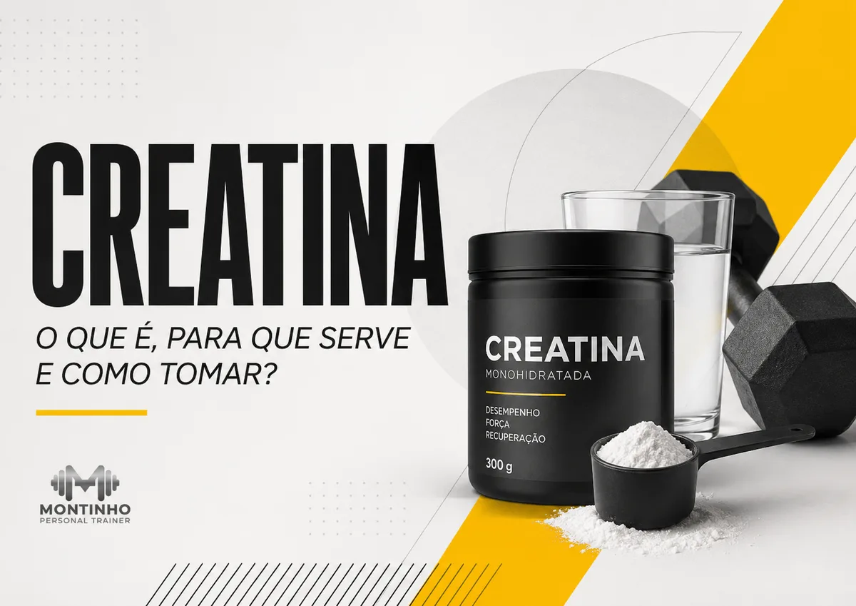Capa do artigo Creatina: pote de creatina monohidratada com scoop de pó branco, copo de água e halter, com os selos de desempenho, força e recuperação — Personal por Perto