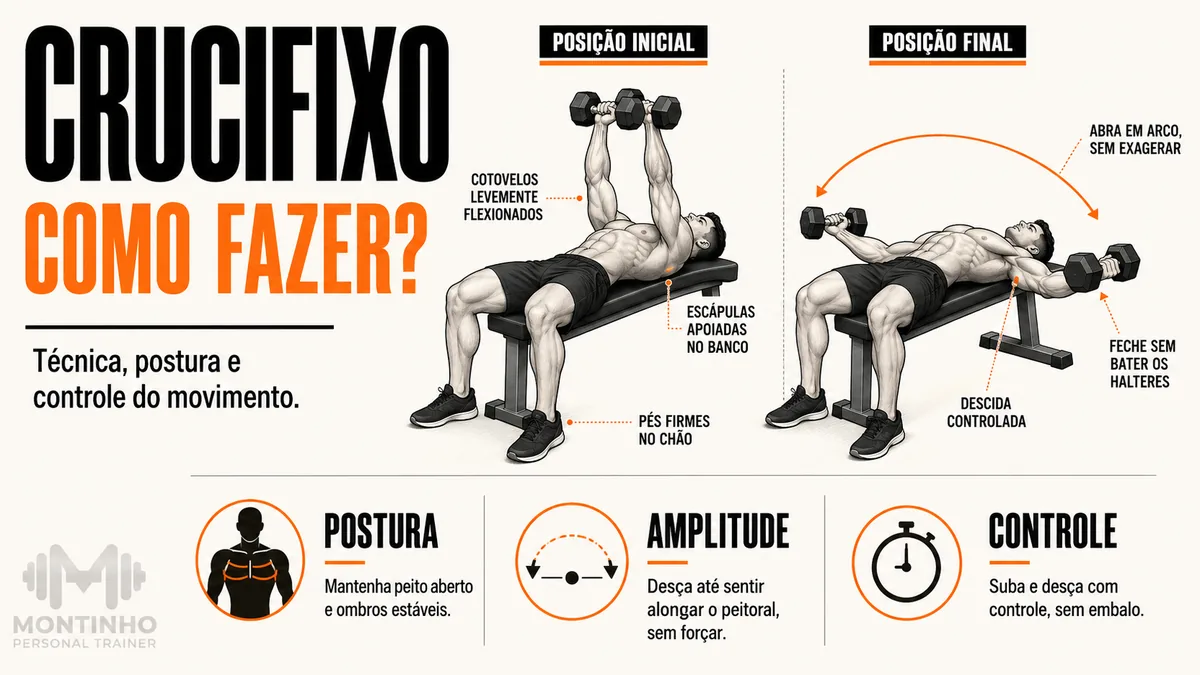 Arte da capa: guia do crucifixo com halteres no banco, posição inicial e final, cotovelos levemente flexionados, escápulas apoiadas e abertura em arco sem exagerar — crucifixo: como fazer, técnica, postura e amplitude — Personal por Perto