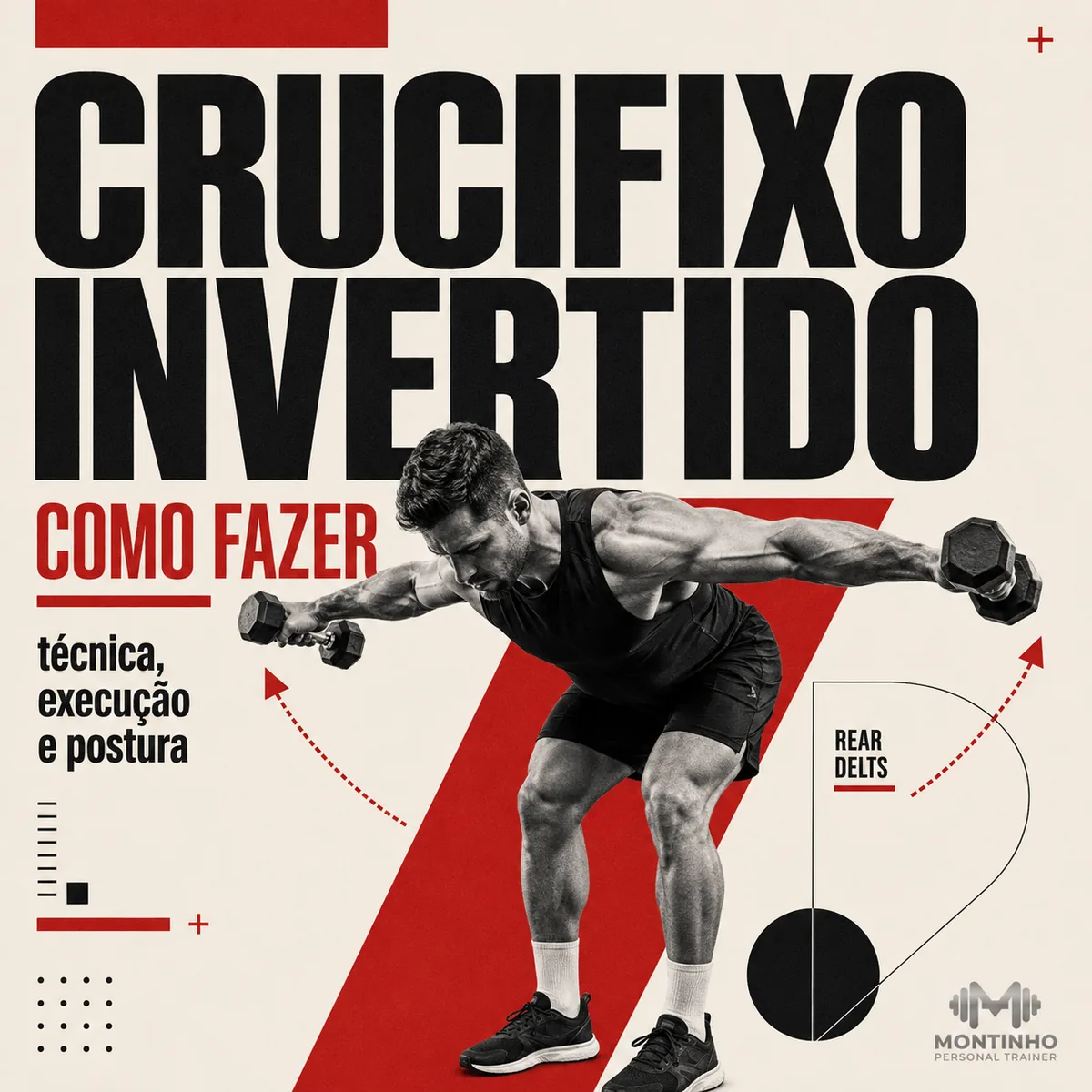 Arte da capa: homem com o tronco inclinado abrindo os halteres para os lados, com o destaque dos deltoides posteriores — crucifixo invertido: como fazer, técnica, execução e postura — Personal por Perto