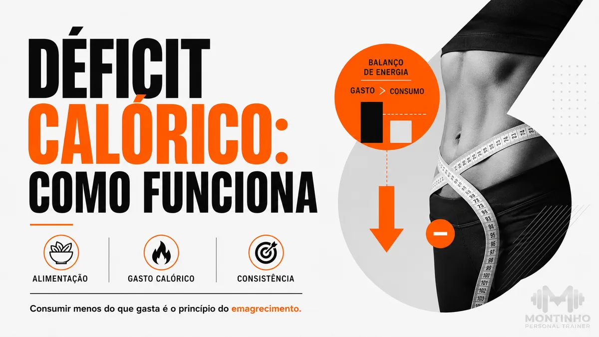 Infográfico de balanço de energia (gasto maior que consumo) com fita métrica na cintura, ilustrando o guia sobre como funciona o déficit calórico — Personal por Perto