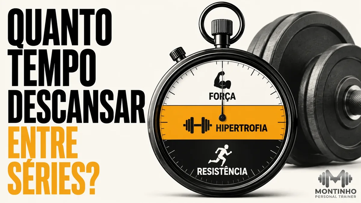 Arte da capa: cronômetro dividido em três faixas — força, hipertrofia e resistência — ao lado de um halter — quanto tempo descansar entre séries — Personal por Perto